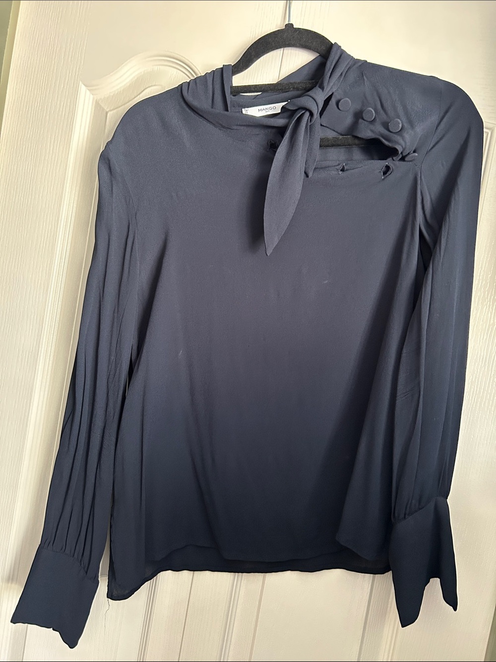 Mango dark blue Tie-Neck Blouse with Button Detail